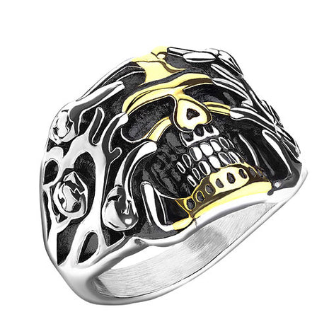 Totenkopf Schädel Herren Biker Rocker Schmuck Ring Edelstahl Silber vergoldet