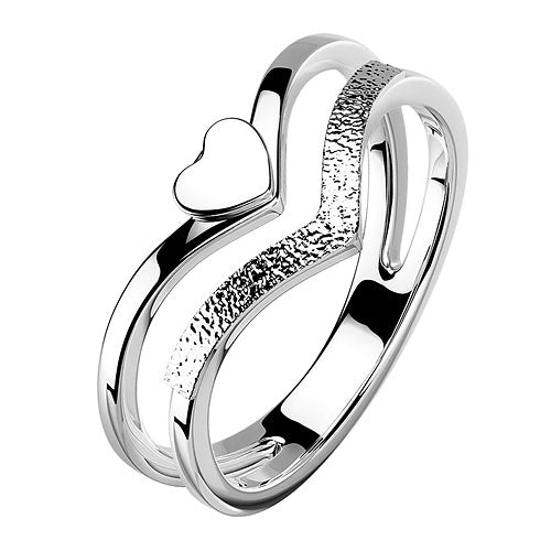 Designer Herz Damen Ring doppelter Chevron Fingerring Edelstahl Silber sandgestrahlt