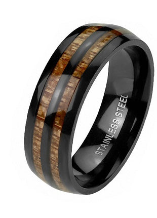 Schwarzer Edelstahl Ring Doppel Holz Inlay Damen Herren Band Holzmaserung