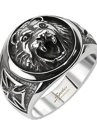 Men's Biker Ring Stainless Steel 3D Lion Head Iron Cross 