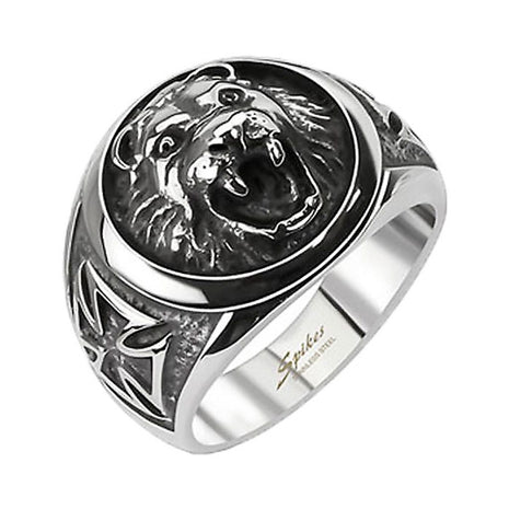 Men's Biker Ring Stainless Steel 3D Lion Head Iron Cross 