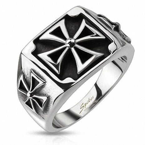 Herren Biker Ring Edelstahl Triple Iron Cross