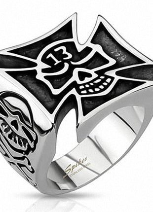 Biker Totenkopf Ring Eisernes Kreuz Lucky 13