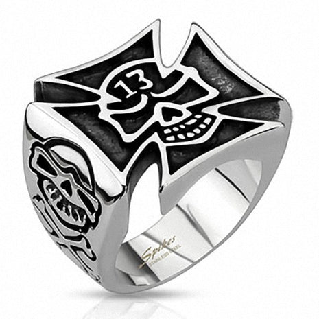 Biker Totenkopf Ring Eisernes Kreuz Lucky 13