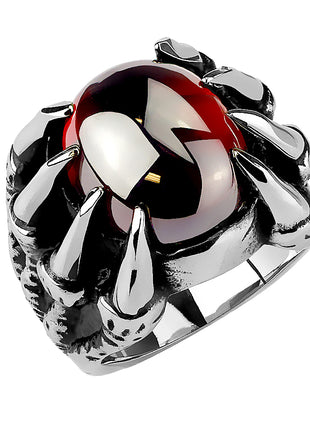 Gothic Ring Dragon Claw Stainless Steel with Red Crystal 