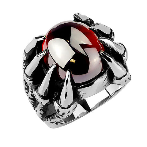 Gothik Ring Drachenklaue Edelstahl mit roten Kristall