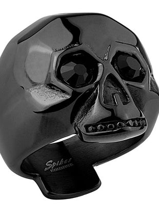 Schwarzer Biker Rocker Ring Totenkopf schwarze Kristall Augen