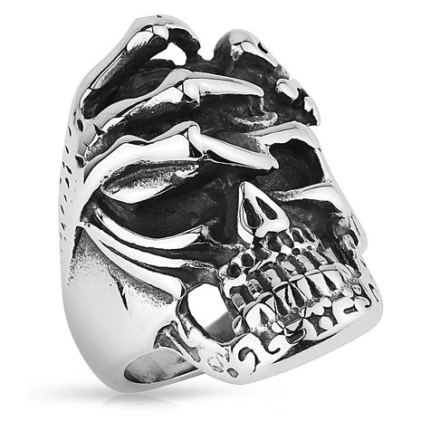 Biker Rocker Ring Skull with Skeleton Hand 