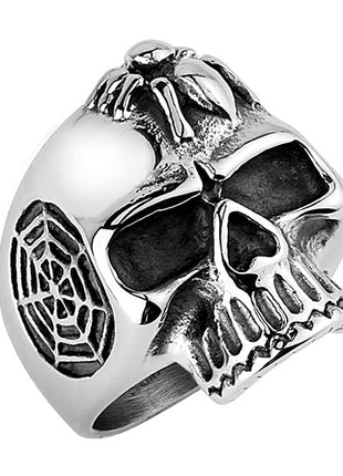 Rocker Biker Ring Totenkopf Edelstahl Massiv mit Spinne