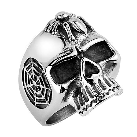 Rocker Biker Ring Totenkopf Edelstahl Massiv mit Spinne