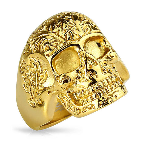 Biker Ring solid stainless steel skull flower pattern gold plated 