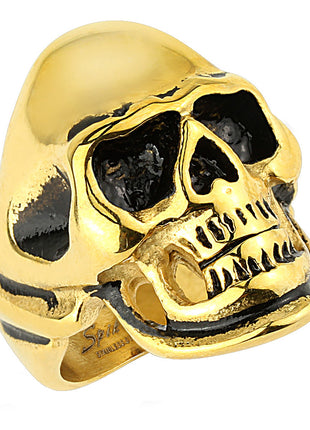 Biker Ring Skull Stainless Steel Gold Plated Black Solid 