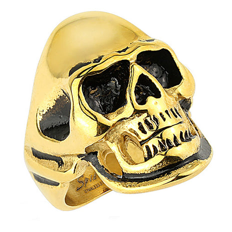 Biker Ring Totenkopf Edelstahl vergoldet  Schwarz Massiv