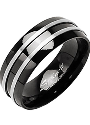 Men's &amp; Women's Titanium Ring Black Polished with 2 Stripes 