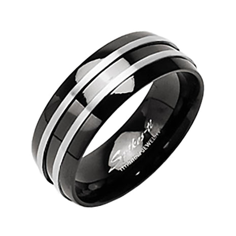 Men's &amp; Women's Titanium Ring Black Polished with 2 Stripes 