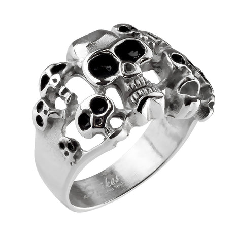 Herren Biker Edelstahl Gothic Ring mit 10 Totenköpfen