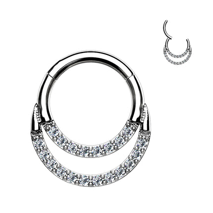 Titan Septum Piercing Nase Ohr Doppel Segment Ring Clicker Kristalle Silbern