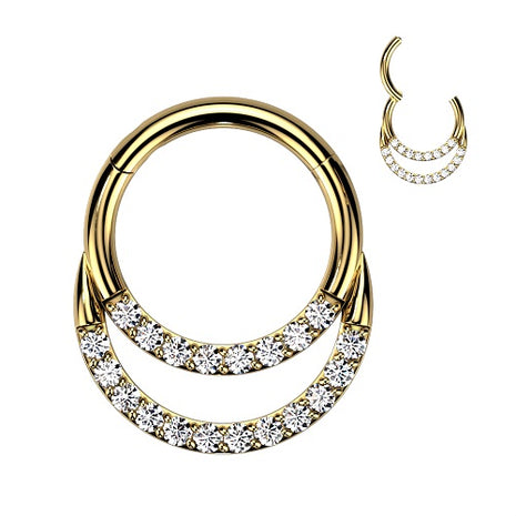 Titan Septum Piercing Nase Ohr Doppel Segment Ring Clicker Kristalle vergoldet