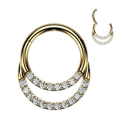 Titan Septum Piercing Nase Ohr Doppel Segment Ring Clicker Kristalle vergoldet