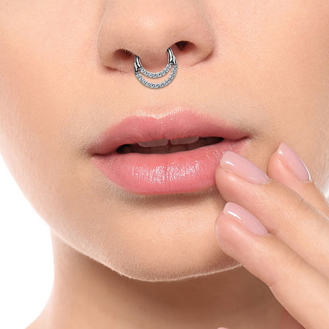 Titanium Septum Piercing Nose Ear Double Segment Ring Clicker Crystals Silver 