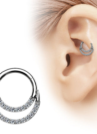 Titanium Septum Piercing Nose Ear Double Segment Ring Clicker Crystals Silver 