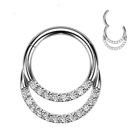 Titan Septum Piercing Nase Ohr Doppel Segment Ring Clicker Kristalle Silbern