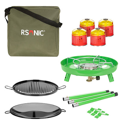 Campingkocher 4in1 Set BBQ Grill Wok Fladenbäcker Tragetasche und 4 x 500g Butangas