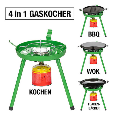 Campingkocher 4in1 Set BBQ Grill Wok Fladenbäcker Tragetasche und 4 x 500g Butangas