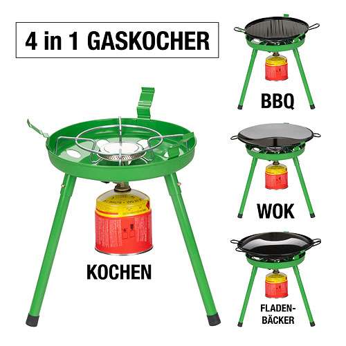 Campingkocher 4in1 Set BBQ Grill Wok Fladenbäcker Tragetasche und 4 x 500g Butangas