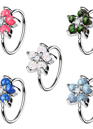 Nose Piercing Ear Universal Tragus Ring Silver with Opal Flower 