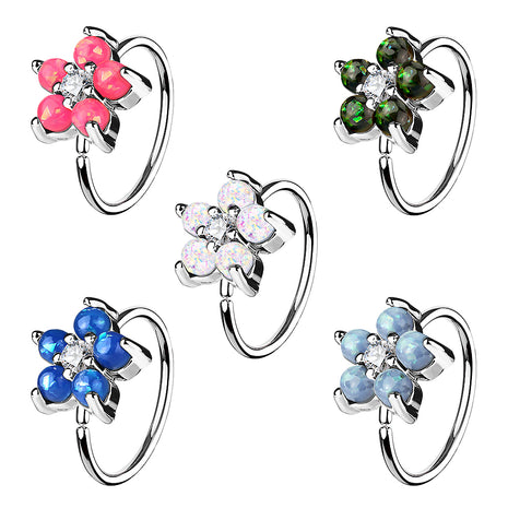 Nose Piercing Ear Universal Tragus Ring Silver with Opal Flower 