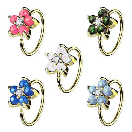 Nasenpiercing Ohr Universal Tragus Ring vergoldet mit Opal Blume