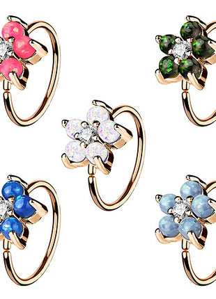 Nasenpiercing Ohr Universal Tragus Ring Rosegold IP mit Opal Blume