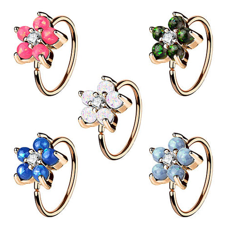 Nasenpiercing Ohr Universal Tragus Ring Rosegold IP mit Opal Blume