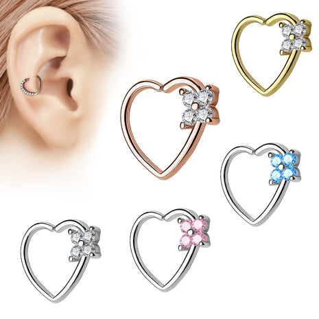 Tragus Ohr Piercing Continuous Ring Herz mit Kleeblatt Kristall