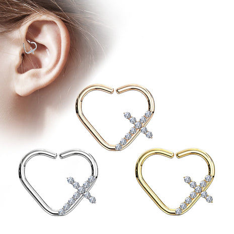 Tragus Ear Piercing Continuous Heart Ring with Crystal Cross 