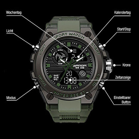 Chronograph Digital Pilot Men's Wristwatch Sports Watch Stop Alarm Light 