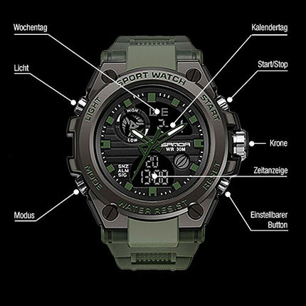 Chronograph Digital Flieger Herren Armbanduhr Sportuhr Stopp Alarm Licht