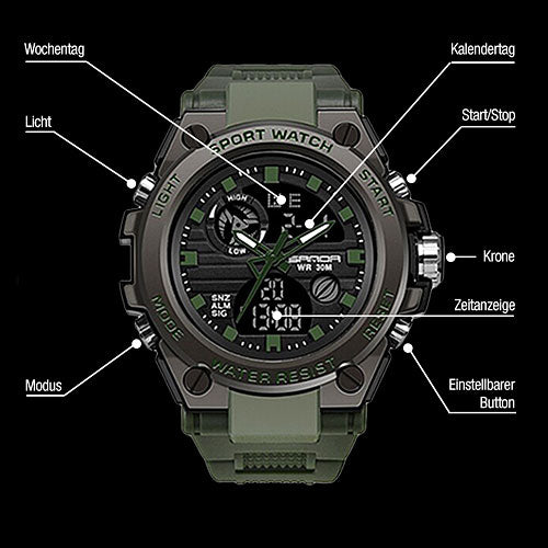 Chronograph Digital Flieger Herren Armbanduhr Sportuhr Stopp Alarm Licht