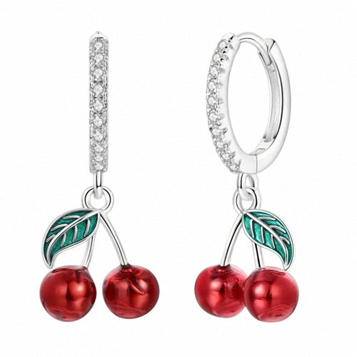 925 Sterling Silber Creolen Kristall Damen Ohrringe mit Kirschen
