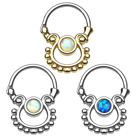 Septum Piercing Double Tribal Ring Clicker with Opal 