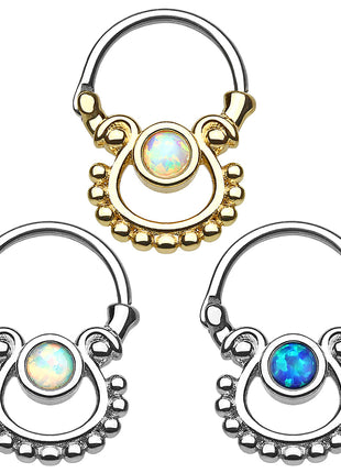 Septum Piercing Double Tribal Ring Clicker with Opal 