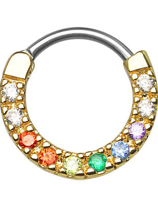 Septum Piercing Clicker gold plated with many colorful crystals 