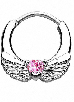 Septum Piercing Clicker Engelsflügel Herz Kristall Pink