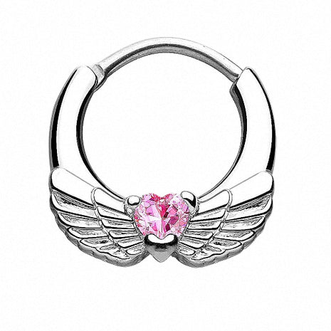 Septum Piercing Clicker Engelsflügel Herz Kristall Pink