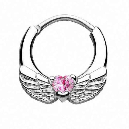 Septum Piercing Clicker Engelsflügel Herz Kristall Pink