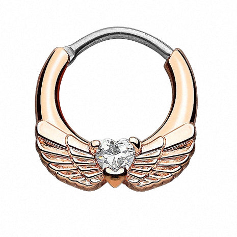 Septum Piercing Clicker Engelsflügel Rosegold vergoldet Herz Kristall