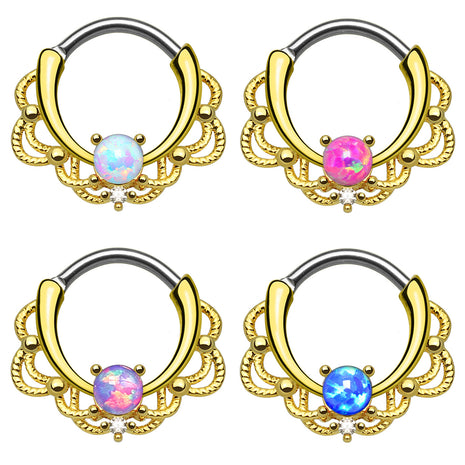 Nose Piercing Ring Septum Clicker Tribal gold plated with Opal 