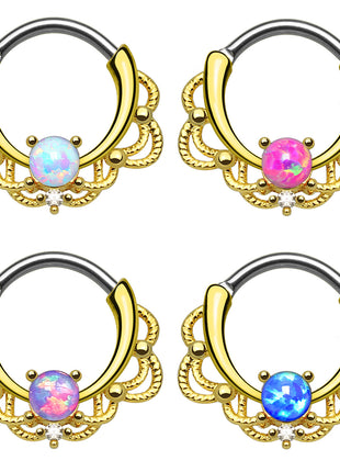 Nose Piercing Ring Septum Clicker Tribal gold plated with Opal 