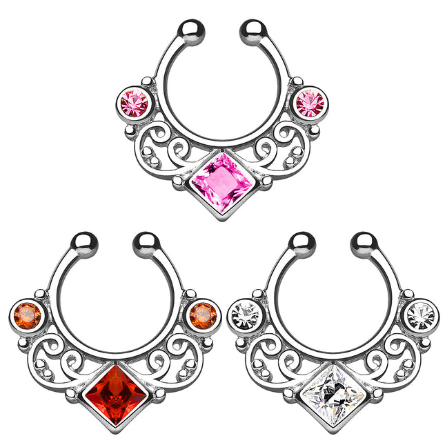 Septum Fake Piercing Tribal silbern mit CZ Kristallen